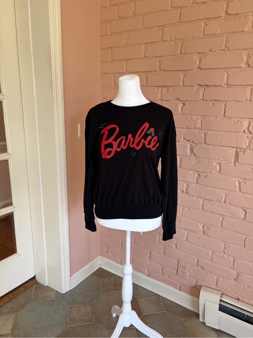 Old Navy Black Sweatshirt with Red Barbie Script